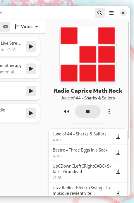 screenshot of Shortwave with a selection of songs that can be downloaded