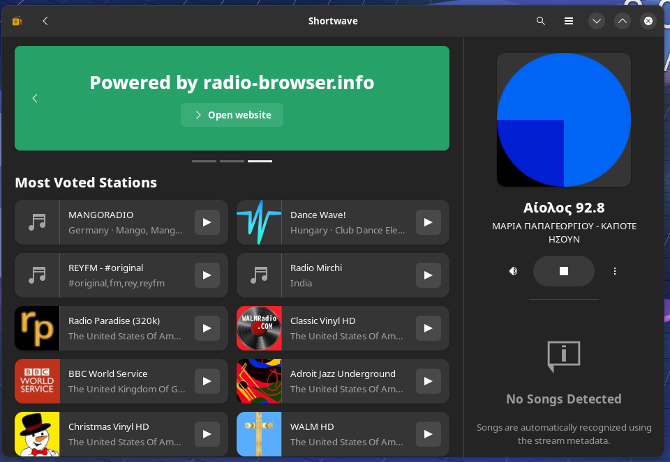 A graphical user face of radios to pick from in Shortwave